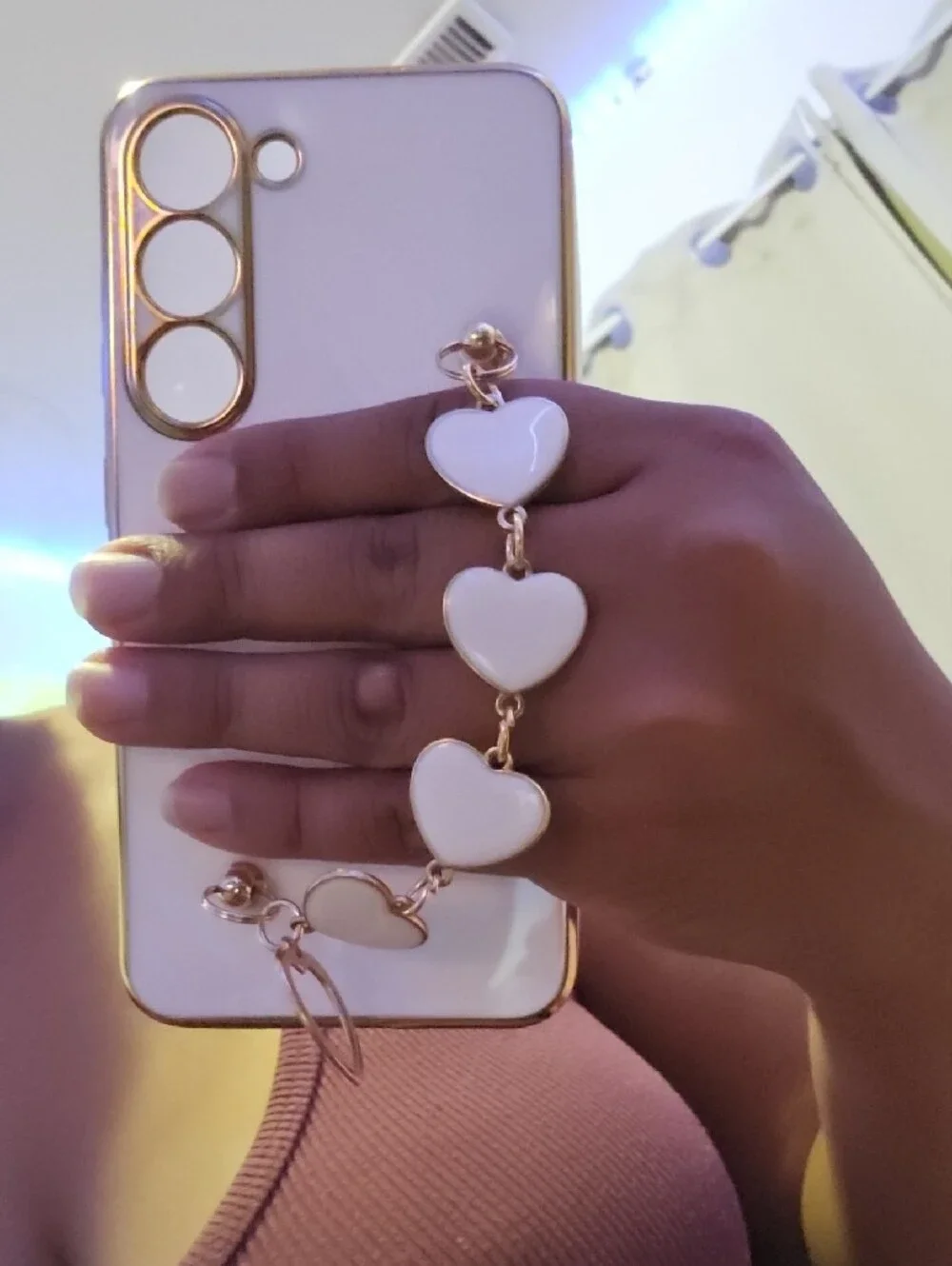 White Glossy Phone Case with Gold Heart Chain